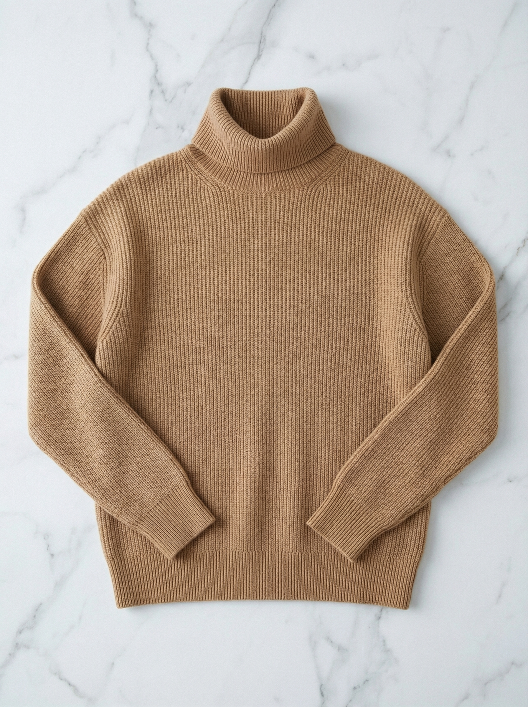 Flat Surface flat-lay of camel cashmere ribbed turtleneck