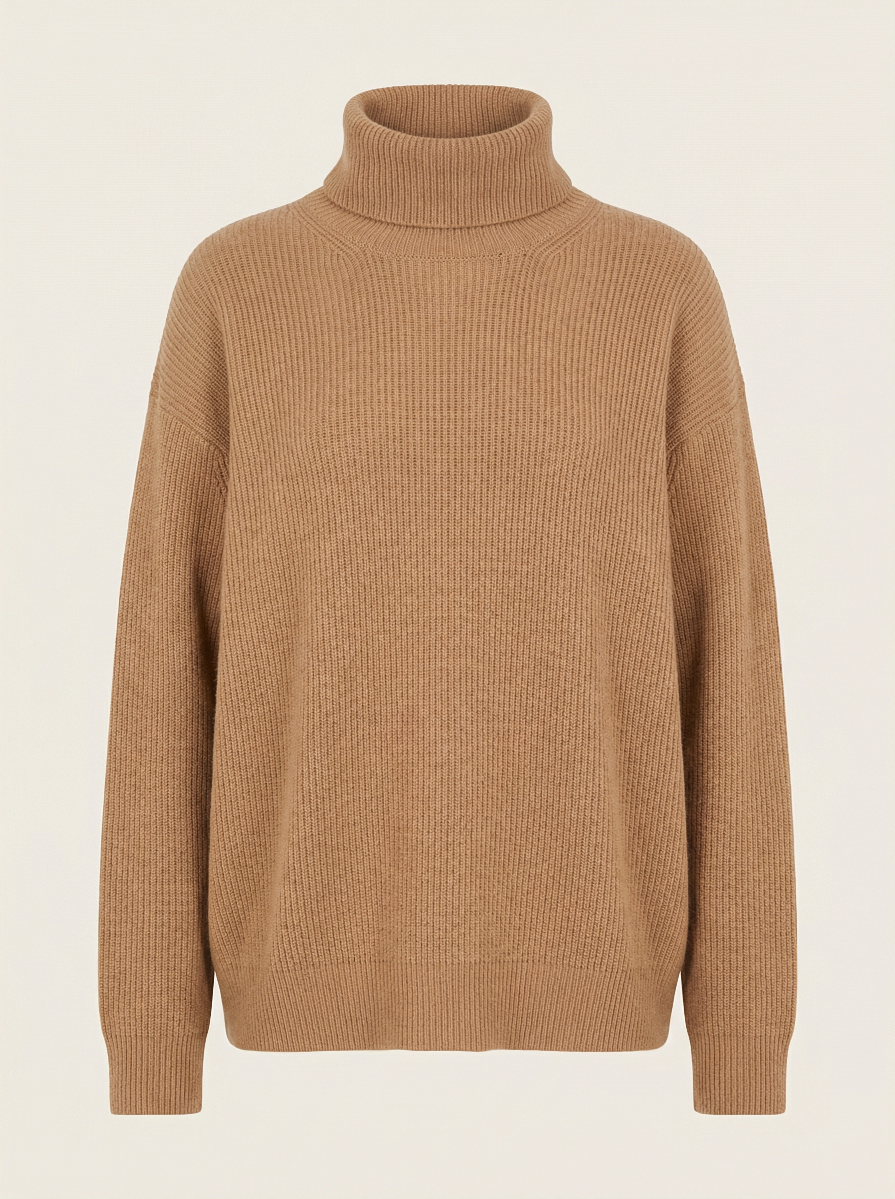 Ghost Mannequin flat-lay of camel cashmere ribbed turtleneck