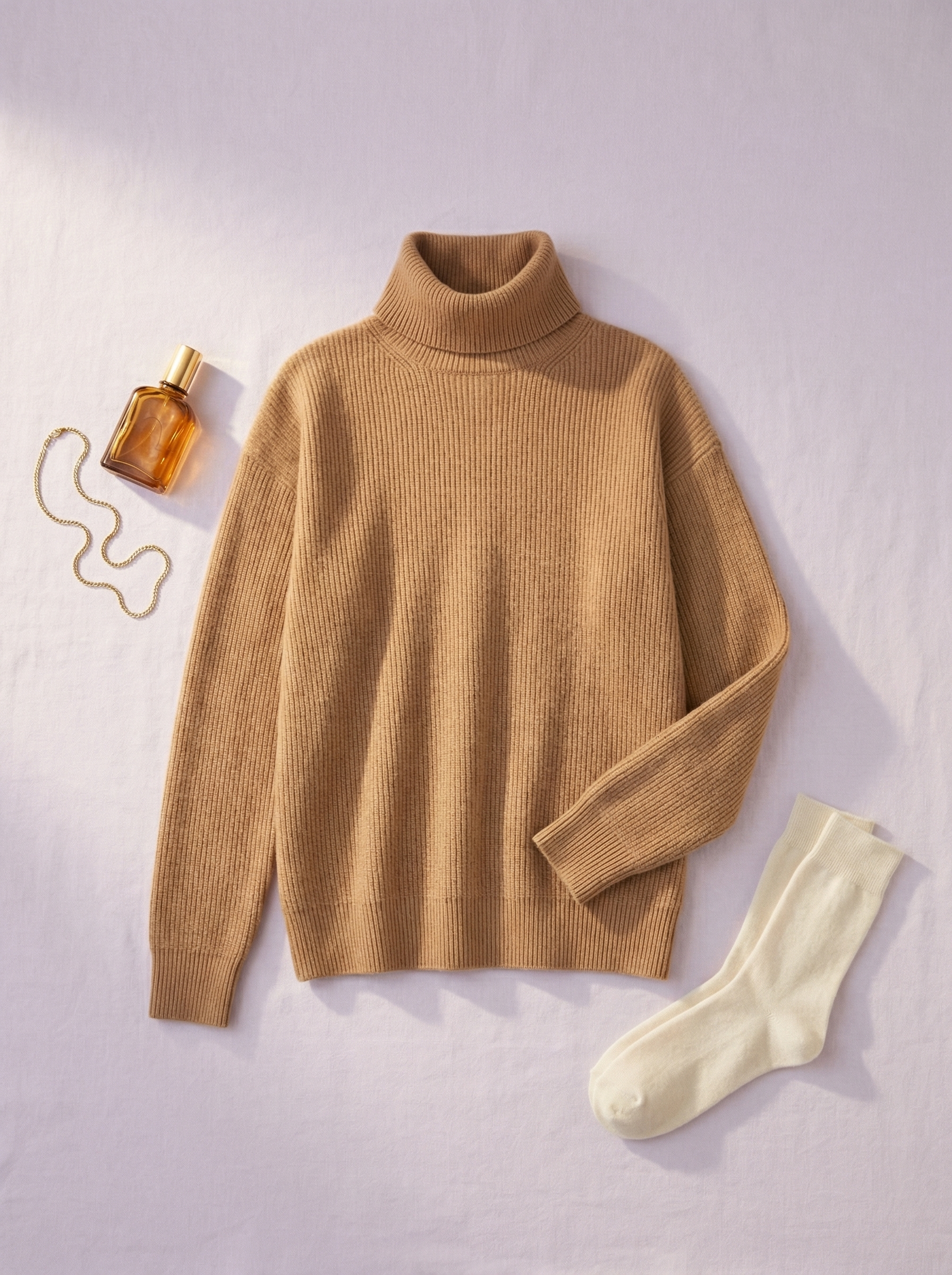 Styled Context staging of camel cashmere ribbed turtleneck