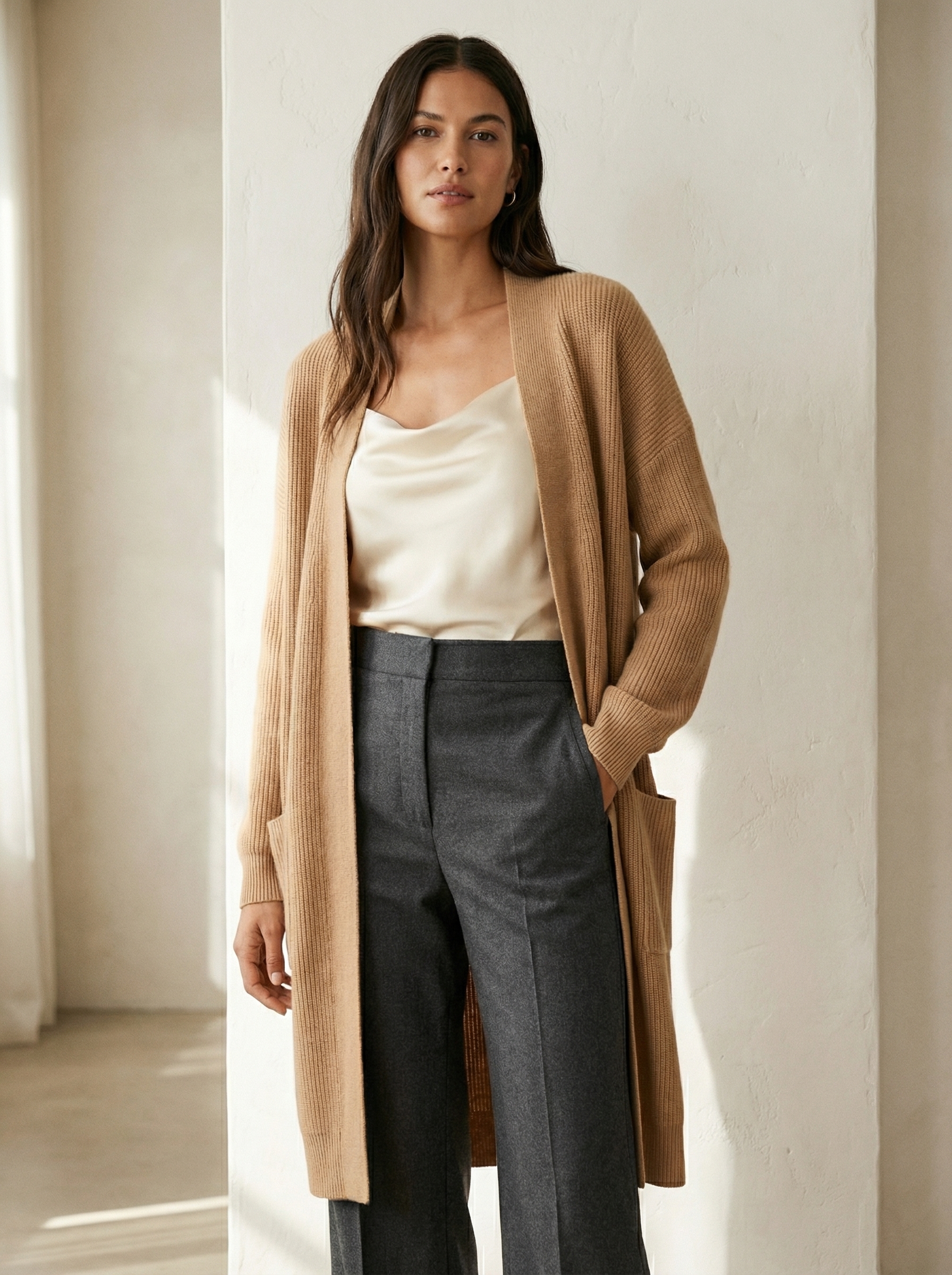 Composed look on a persona: cream camisole, charcoal wide-leg trousers, camel longline cardigan worn together