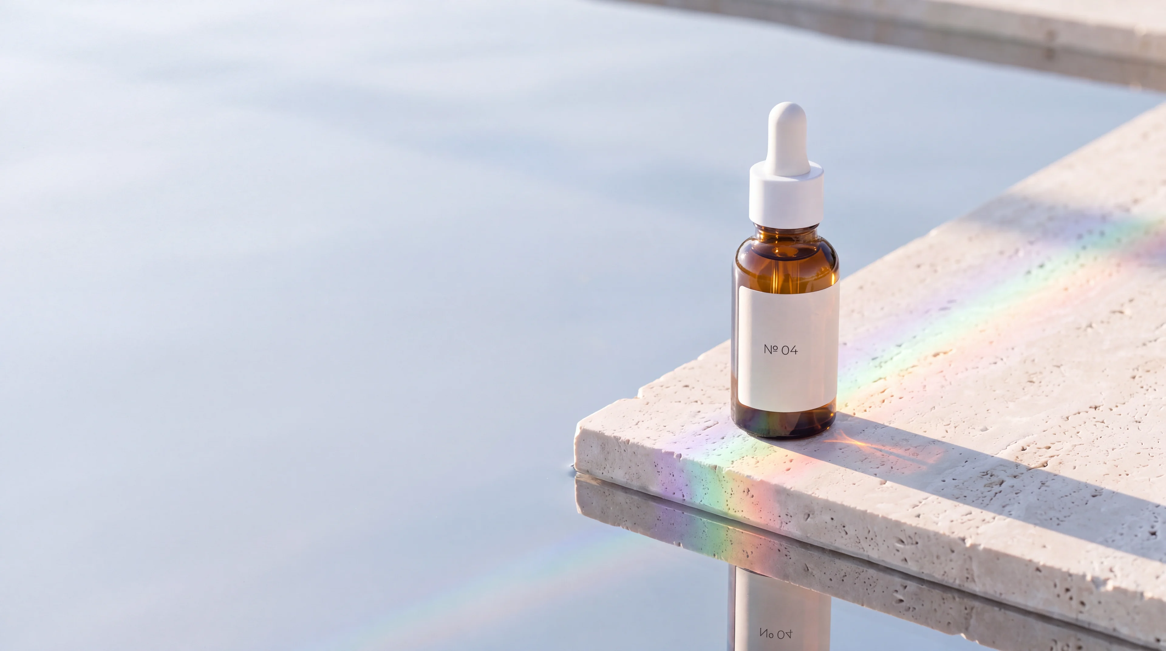 An amber serum bottle on a travertine edge above still water, crossed by a soft spectrum of light.