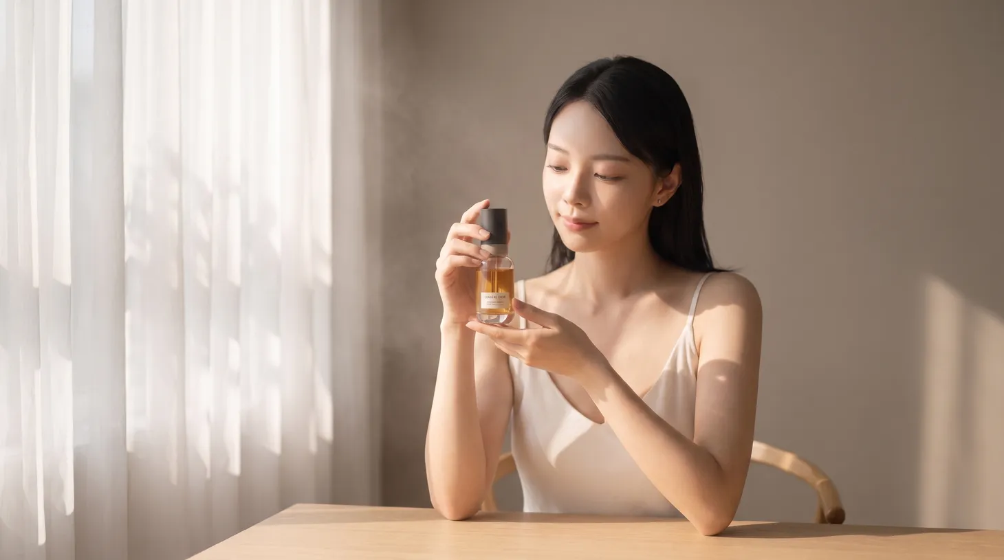 Campaign still of the persona holding the glow serum, held for model approval